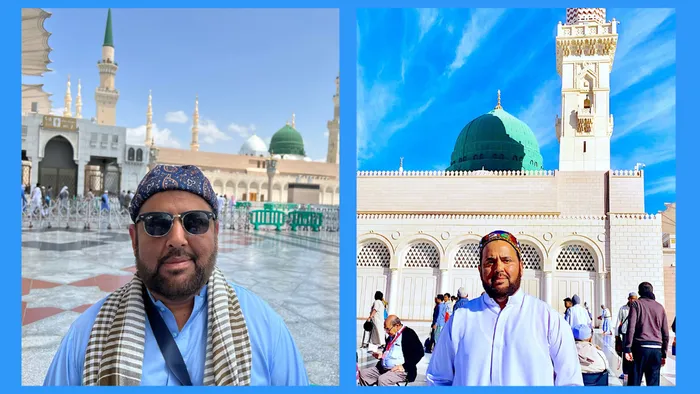 A collage of two photos showing a man in front of a mosque.