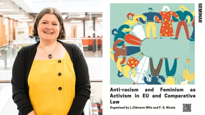 A collage showing an academic dressed in yellow and smiling on the left, and a seminar flyer on the right, which shows a graphic of people in a circle holding hands.