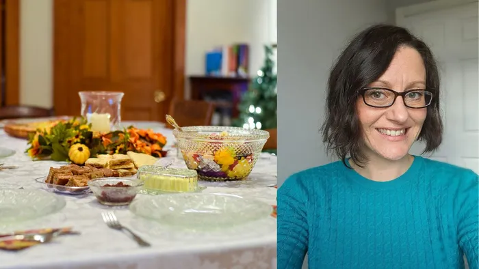 An image of a table prepared for Passover with bread and jam, next to an image of a woman with dark hair, glasses and a blue jumper