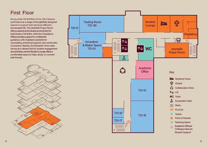Map showing the first floor of the Leeds City Campus