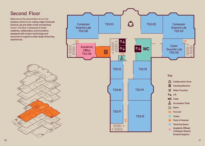Map showing the second floor of the Leeds City Campus