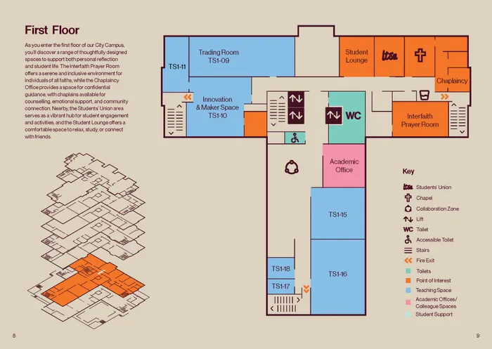 Map showing the first floor of the Leeds City Campus