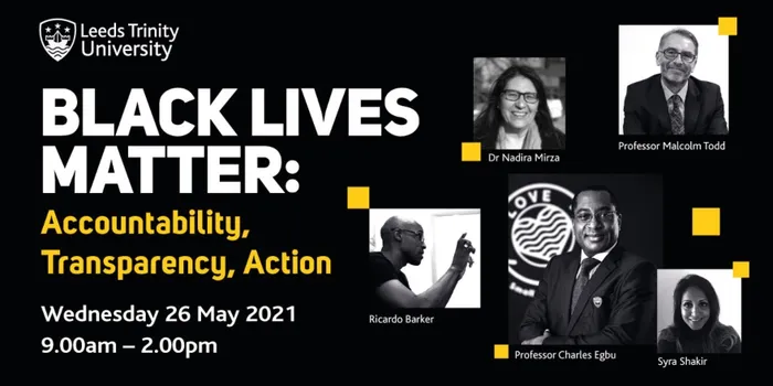 Black background with white text reading black lives matter and headshots of staff