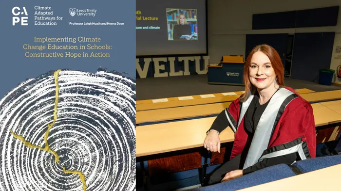 A collage showing the cover of a new Climate Change Education report and a photo of Professor Leigh Hoath wearing an academic gown and sitting in a lecture theatre.