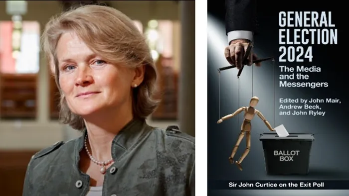 A collage showing a female academic on the left and the cover of a book on the General Election 2024 on the right.