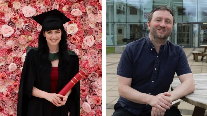 A collage showing a student on her graduation day against a flower wall and a lecturer smiling in front of Leeds Trinity University.