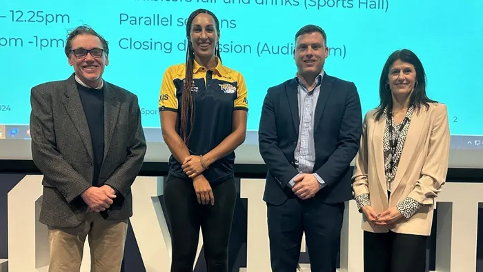 Chris Sellars, Geva Mentor, Dan Busfield and Lisa Gannon at the Moving Forward: Working in Sport and Wellbeing conference.