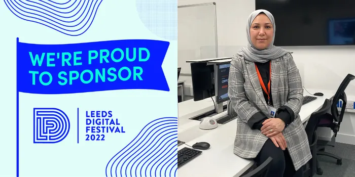 Split screen image of graphic for Leeds Digital Festival and Dr Antesar Shabut sitting at desk in front of computers