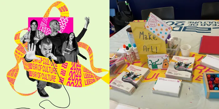 Split screen image of LEEDS 2023 promo and table of crafts