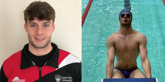 Left: Male student in black, red and white jumper, Right: man dives into swimming pool