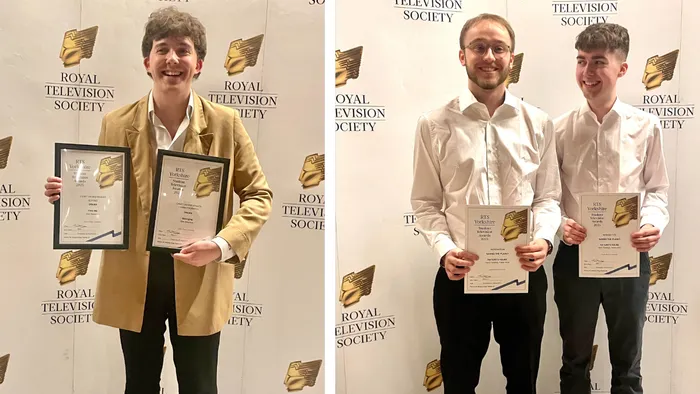 A collage of two images of students holding awards against a white backdrop, that reads Royal Television Society.
