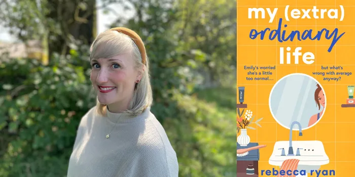 Student standing in field and cover of her new book