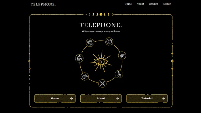 The home page of the global art project TELEPHONE, a black background with a rectangle in the middle, in the centre of which there is a circle made of symbols for different art forms. The colour accents are yellow and white and the title text reads TELEPHONE, whispering a message among art forms.