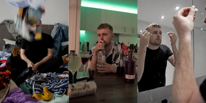 Three images of white male with clothes, sat down and reflection in bathroom mirror