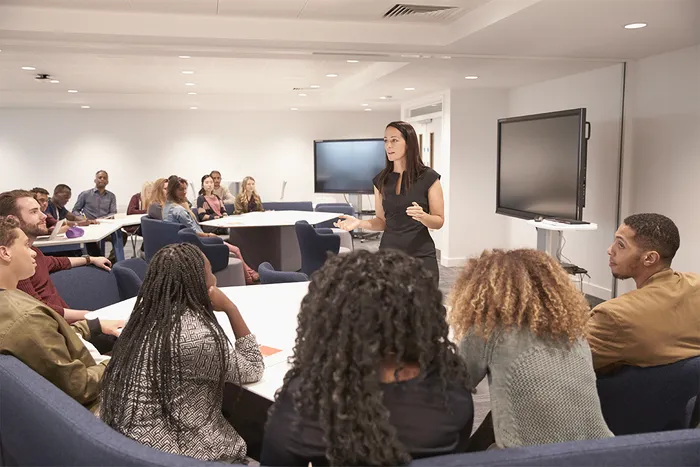 Presenter talking to crowd in a classroom
